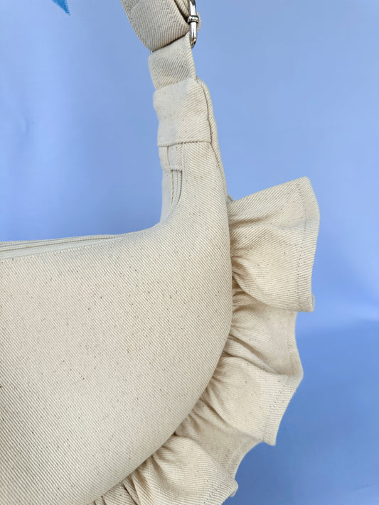 Cream Denim Ruffle Bag