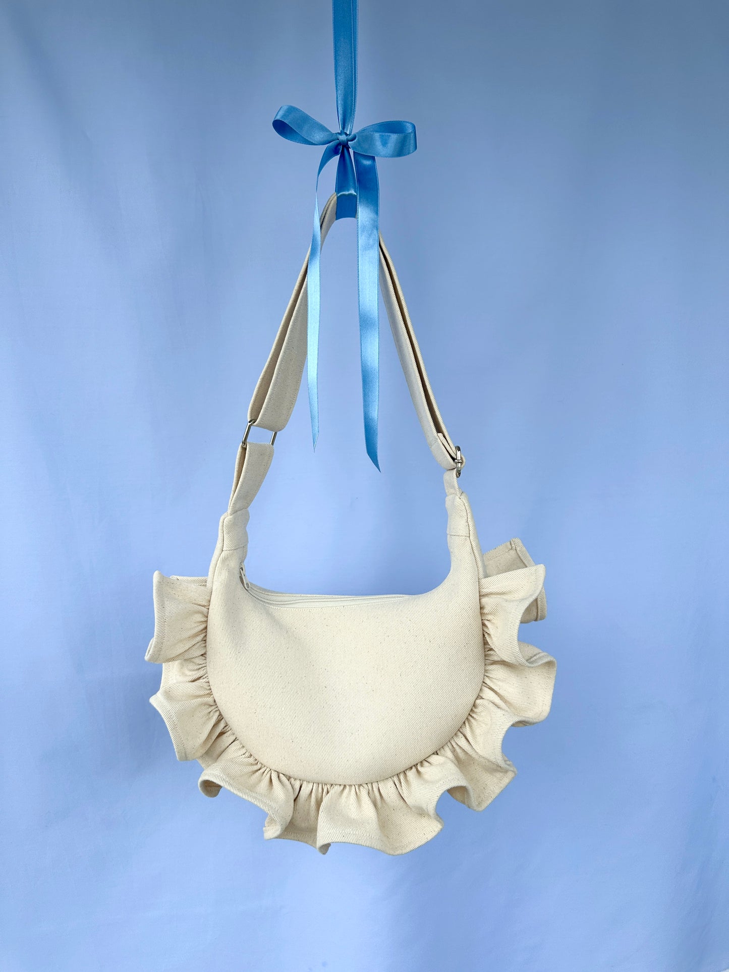 Cream Denim Ruffle Bag
