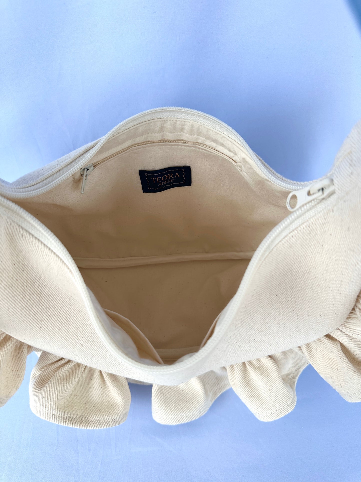Cream Denim Ruffle Bag