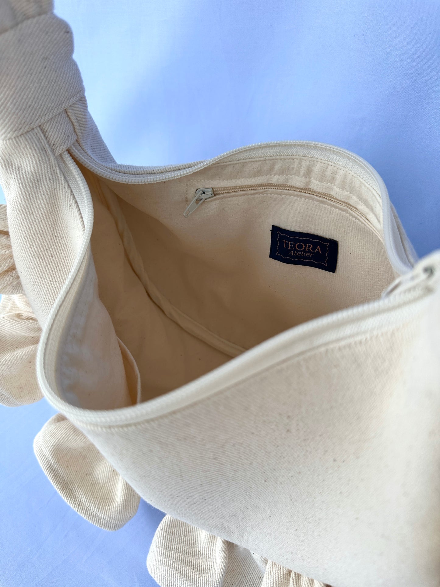 Cream Denim Ruffle Bag
