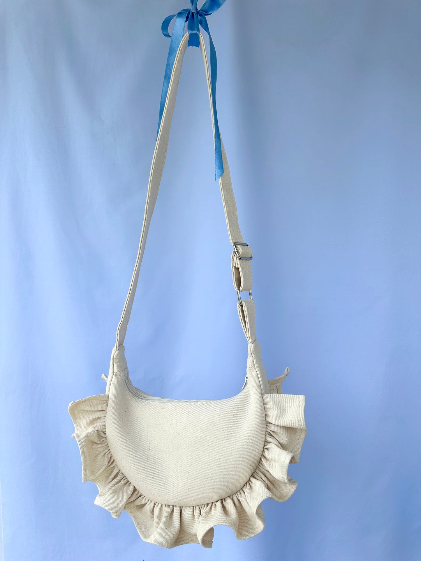 Cream Denim Ruffle Bag