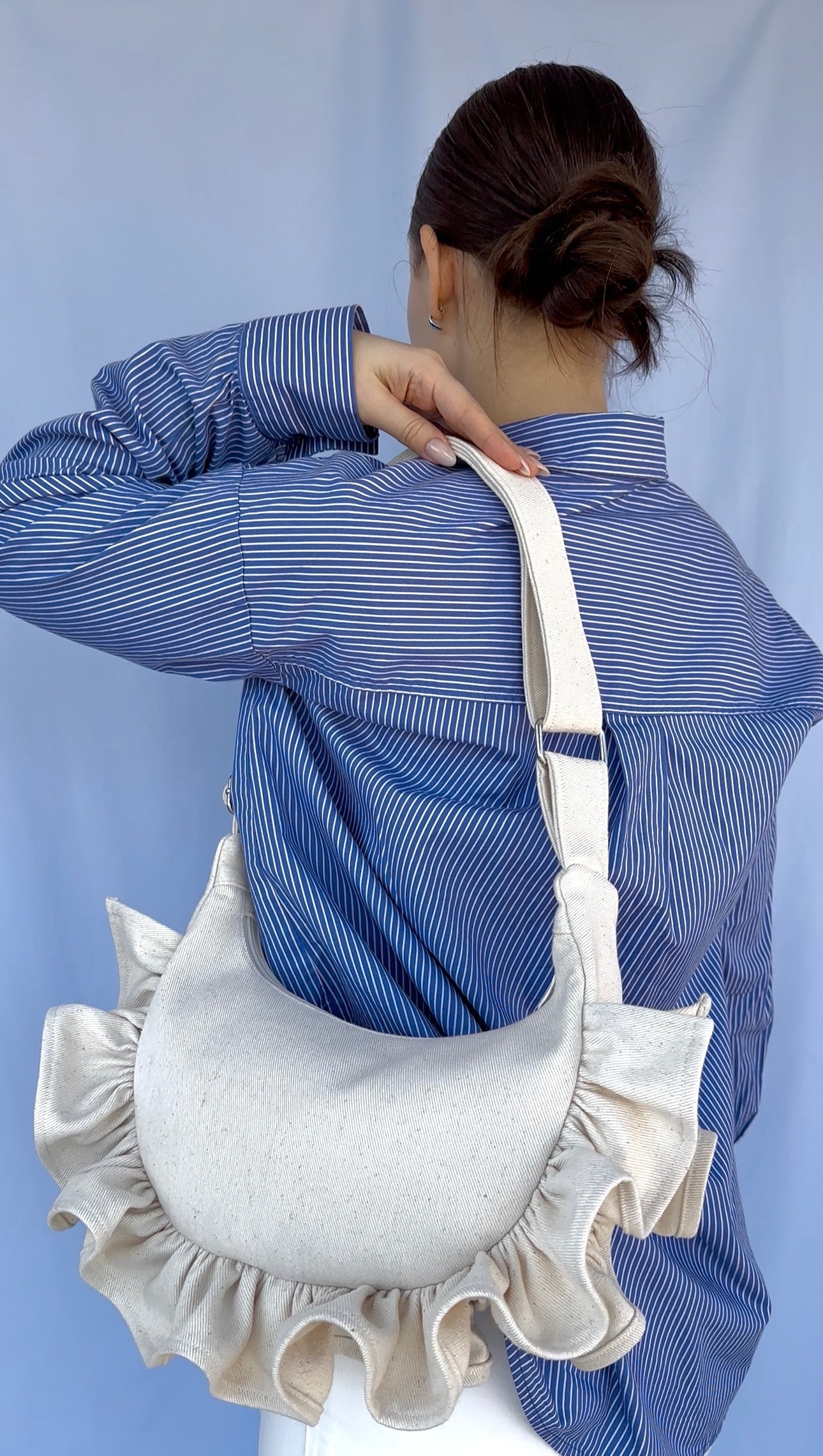 Cream Denim Ruffle Bag