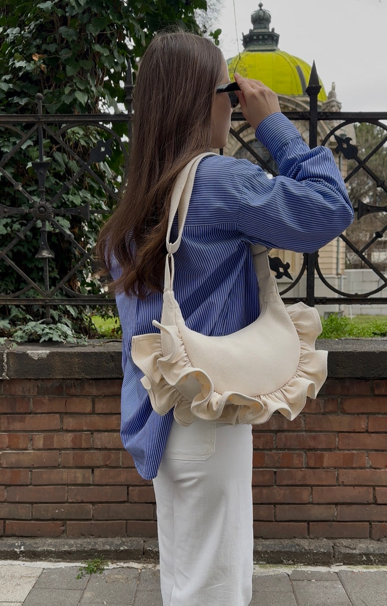 Cream Denim Ruffle Bag