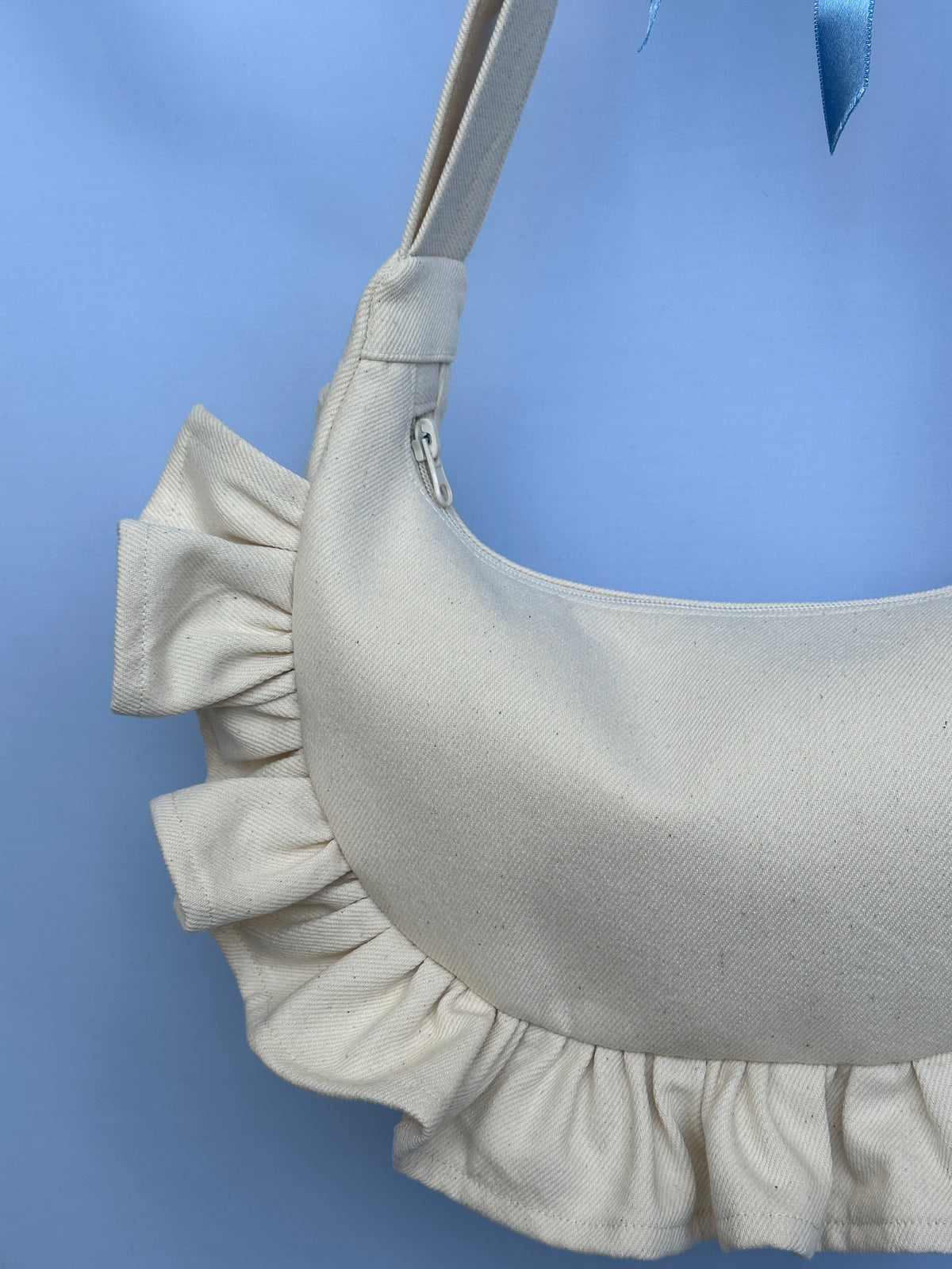 Cream Denim Ruffle Bag
