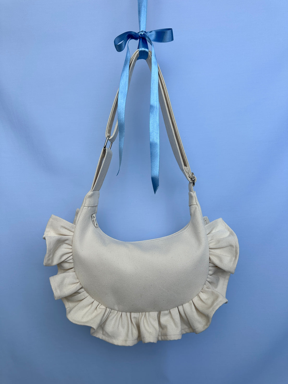Cream Denim Ruffle Bag