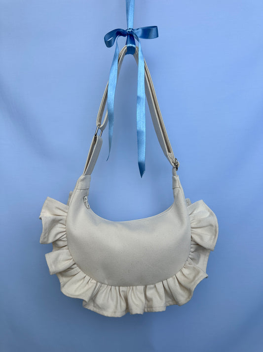 Cream Denim Ruffle Bag