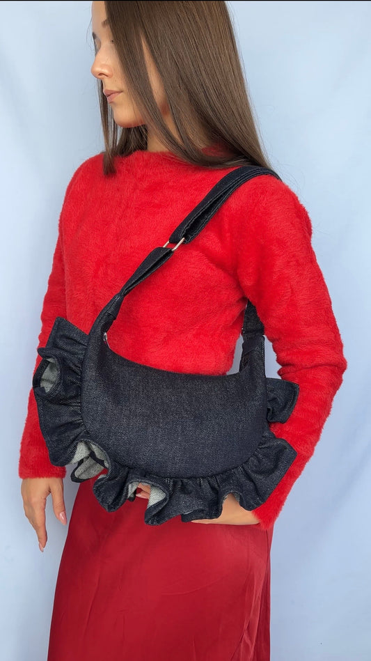 Dark Denim Ruffle Bag